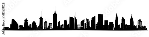 Urban skyline silhouette featuring a variety of architectural styles against a minimal background