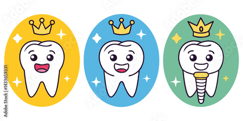 Happy Tooth Cartoon Characters with Crowns and Dental Implant Vector Illustration