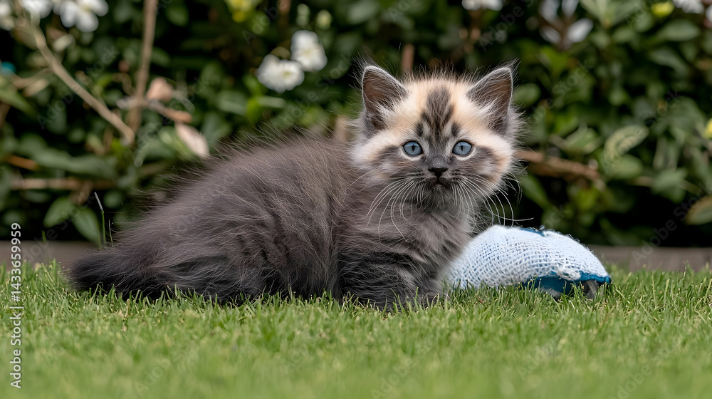 Fototapeta premium Playful Wet Kitten in Garden