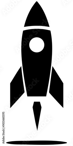 Black vector illustration of a rocket shape launching upwards into the sky
