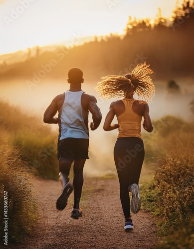 Two african american runners engage in a vigorous workout along a picturesque trail at sunrise.