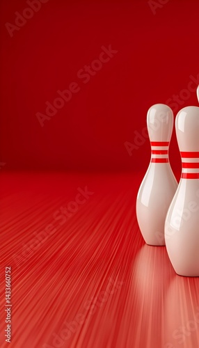 Three white bowling pins with red stripes stand on a red lane, ready to be knocked down