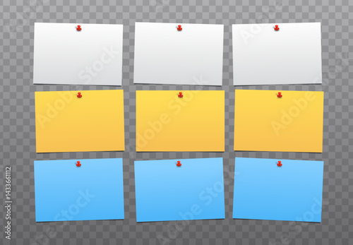 Set of 9 realistic blank attached sheets of note papers on transparent background. Nine sticky notepapers templates. Vector illustration
