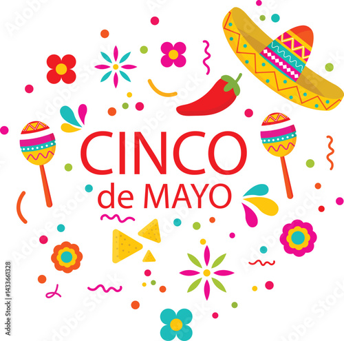 Cinco de Mayo Fiesta hand drawn calligraphy lettering and Mexican national symbols. Vector illustration, Cinco de mayo festive.

