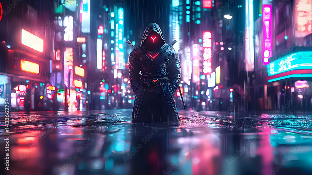 Obraz premium Dark Figure In Neon Lit Rainsoaked City At Night