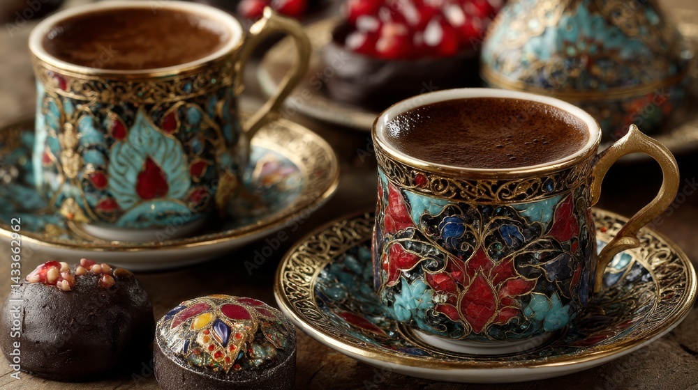 Fototapeta premium Two ornate coffee cups with colorful floral designs, sitting on saucers alongside decadent chocolate sweets and pomegranate seeds.