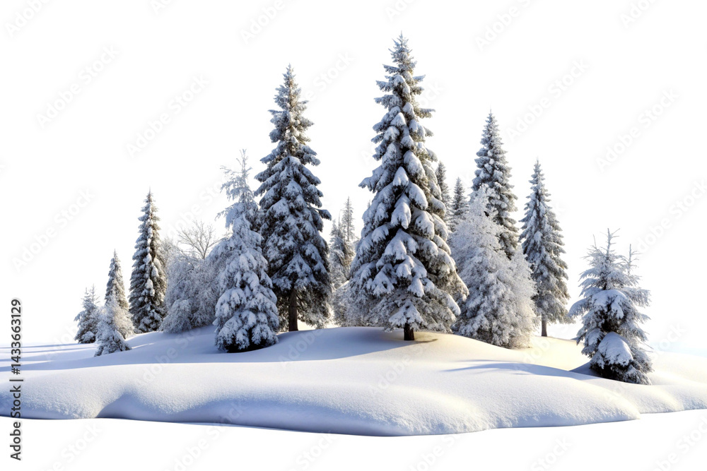Fototapeta premium Serene Snow-Covered Forest Landscape Isolated on White Background. AI Generative