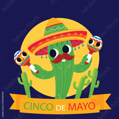 cute funny Singing cactus holding maracas for cinco de mayo, Cinco De Mayo federal holiday may 5th in mexico, cinco de mayo festival poster with colorful decoration
