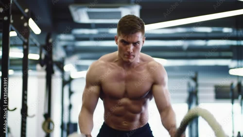 Front view of young muscular man training with battle ropes in gym Front view of young muscular man training with battle ropes in gym
