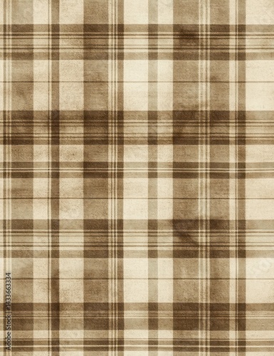 A warm-toned plaid fabric pattern featuring intersecting lines in brown and beige  creating a classic  textured appearance.