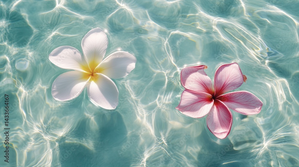 Tropical flowers floating on clear water, relaxing beach scene, summer vacation Tropical flowers floating on clear water, relaxing beach scene, summer vacation