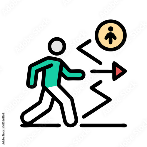 Person walking towards exit sign with clear direction and movement
