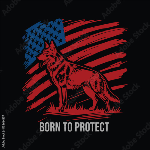 Patriotic German Shepherd Dog with American Flag Background Born to Protect