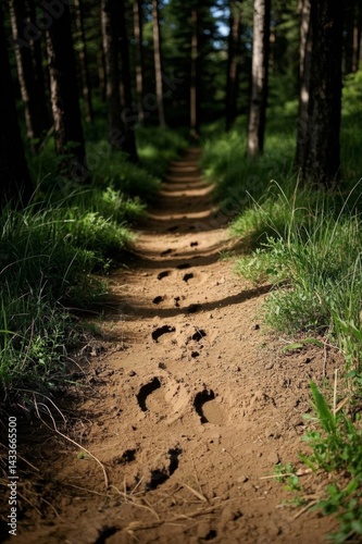 a close up of a trail in the woods with footprints in the sand