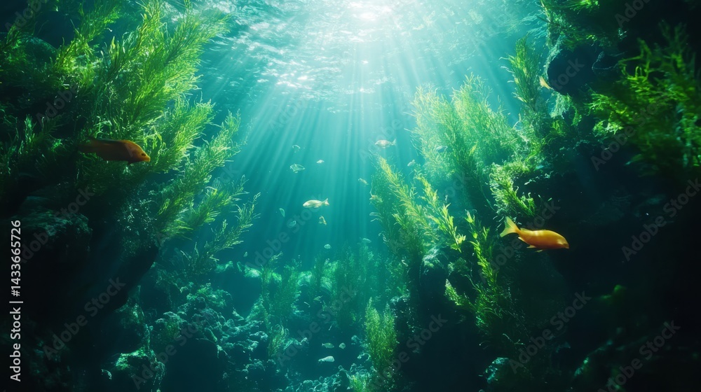Fototapeta premium Underwater Scene with Sunlight Rays, Green Algae, and Goldfish