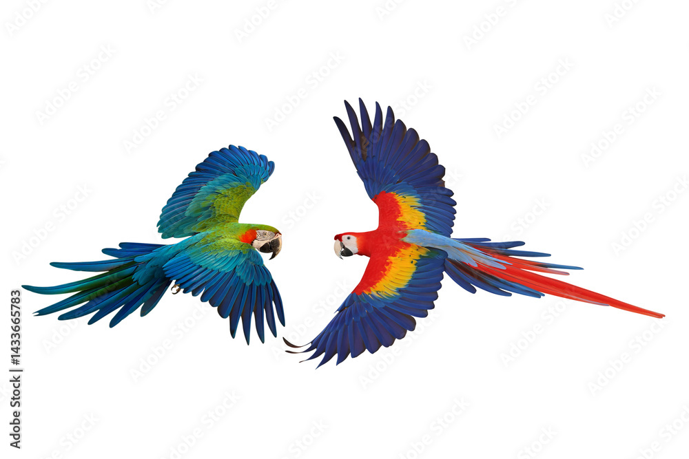 Fototapeta premium Colorful flying Macaw parrots isolated on transparent background png file
