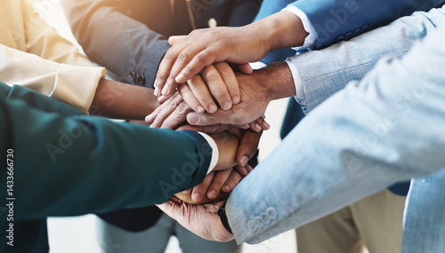 Support, team spirit and business people stack hands for cooperation, trust and goal. Group, closeup and workers huddle together for community mission, solidarity or synergy with motivation in office