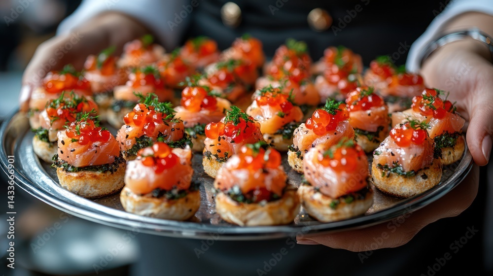 Delicious salmon canap?s served on a silver platter. Delicious salmon canap?s served on a silver platter.