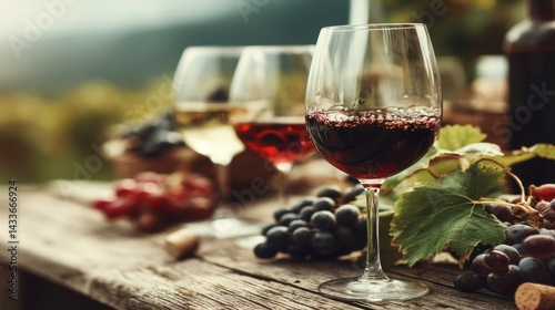 Fototapeta Naklejka Na Ścianę i Meble -  Three glasses of wine, red, white, and rosé, sit on a rustic wooden table alongside bunches of red and purple grapes. Vineyard landscape in the background.
