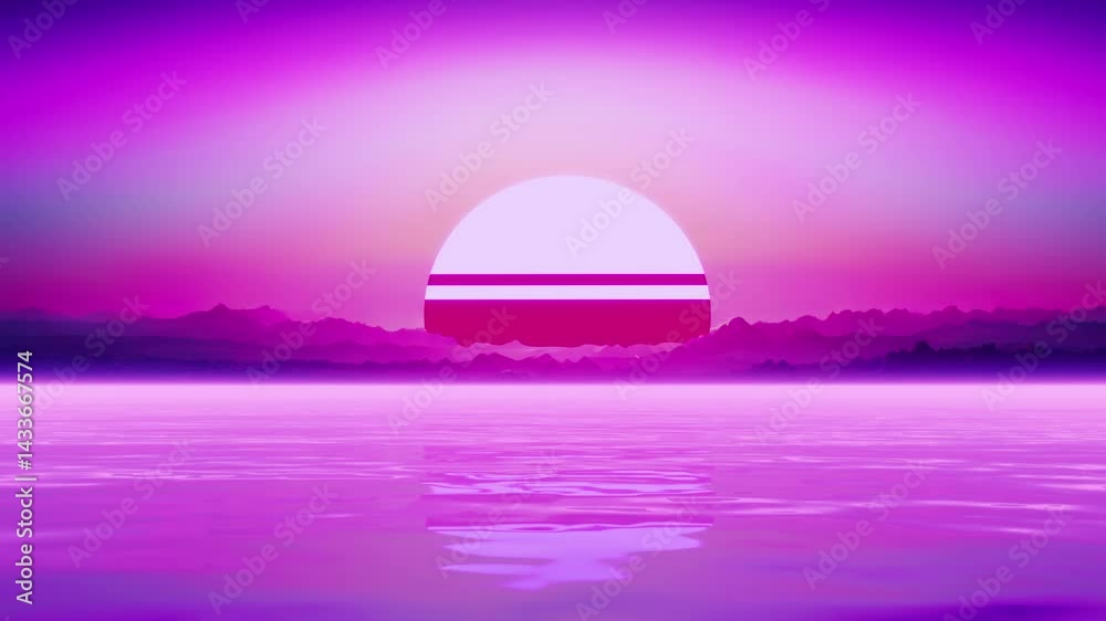 Sunset over a pink ocean on a mysterious planet. Abstract screensaver view. Neon style. 3D rendering. Sunset over a pink ocean on a mysterious planet. Abstract screensaver view. Neon style. 3D rendering.
