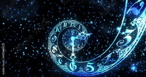 A glowing blue spiral clock floats among countless shining particles, creating a dreamlike fusion of time and space. The intricate clock design, combined with the starry background, evokes a sense of