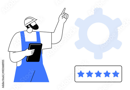 Worker in blue overalls holds tablet, pointing to large gear. Five-star rating illustration below. Ideal for quality, teamwork, performance, service, engineering, manufacturing process flat simple