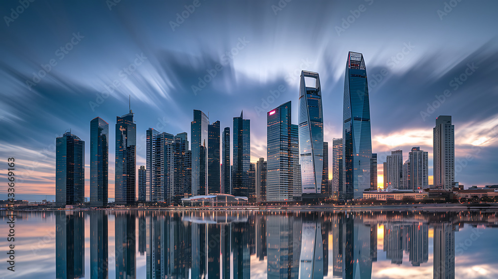 Fototapeta premium City skyline reflecting on water captured with long exposure showing streaking clouds at twilight.