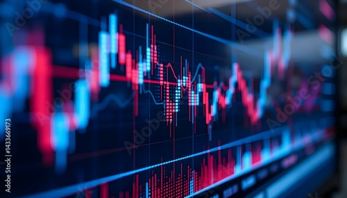 Close-up of digital stock market chart on LED screen, colorful candlestick graph with blue and red tones.