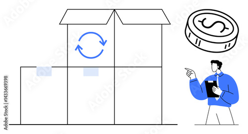 Open box with arrows indicating recycling, stacked packages, dollar coin, and person with clipboard. Ideal for logistics, inventory, sustainability, cost analysis, warehouse management supply chain