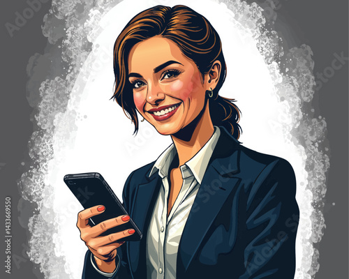 a woman in a business suit texting on her phone