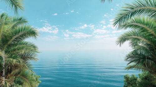 Tropical palm tree frame with serene calm sea and blue sky background view
