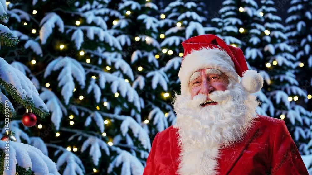 Santa claus walking through snowy christmas tree forest at night