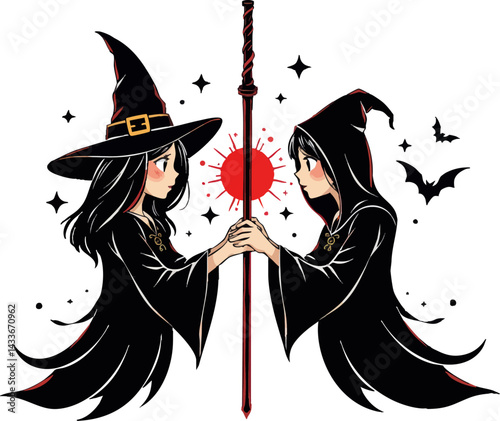 two witches holding a broom with a red star in the background