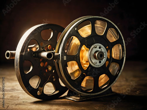 Old Film Reels: A detailed shot of classic film reels, showcasing intricate craftsmanship and hinting at stories captured on celluloid, with artistic use of light and shadow.