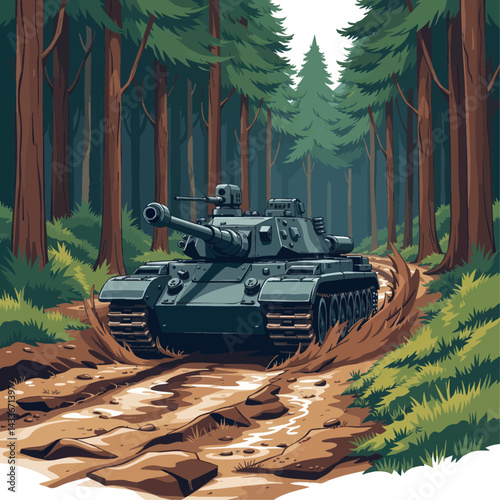 a tank driving through a forest with trees in the background