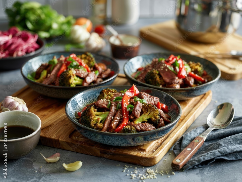 Delicious stir-fried beef with broccoli served in bowls for a family dinner in a cozy kitchen setting Delicious stir-fried beef with broccoli served in bowls for a family dinner in a cozy kitchen setting