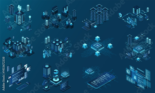 Set of isometric modern technology concept for cloud computing, datacenter, database, artificial intelligence, and blockchain technology. Isometric technology