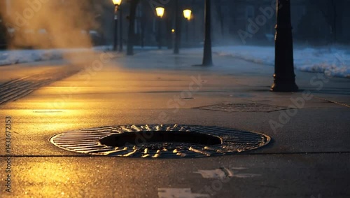 Winter's Glow: Warm Streetlights Reflect on a Frosty Urban Path