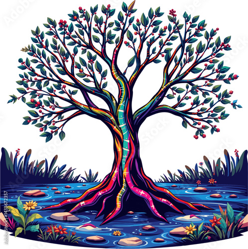 a cross stitch pattern with a tree in the middle and a river in the middle in the middle of the cross stitch pattern