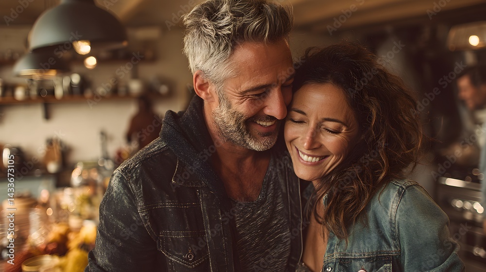 Fototapeta premium A happy mature couple embraces lovingly in their cozy kitchen du a romantic moment at home.