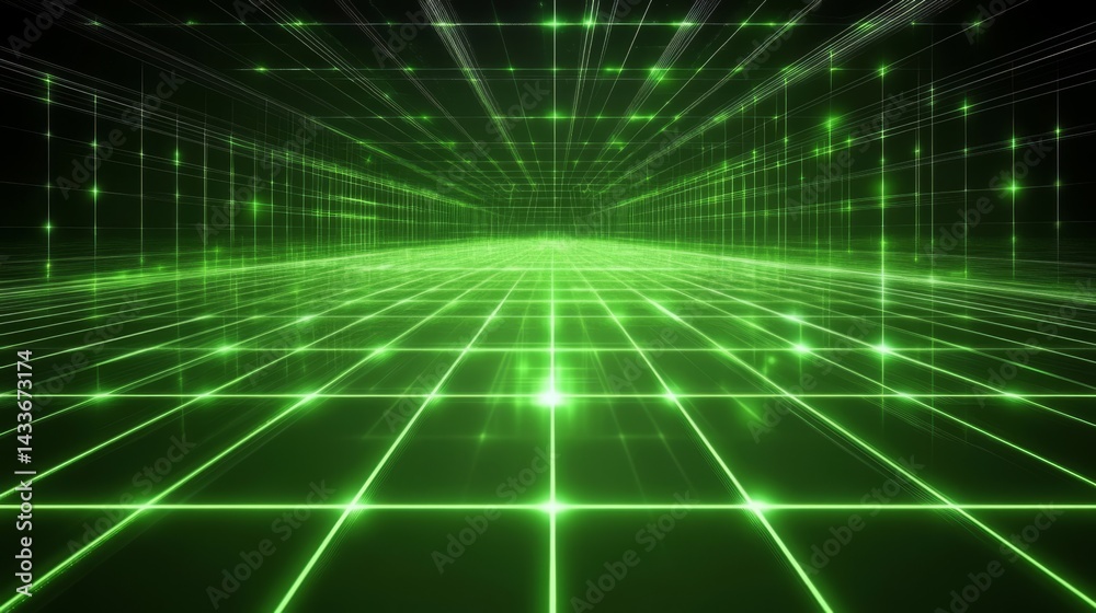 Fototapeta premium Glowing Green Grid Lines Digital Abstract Background