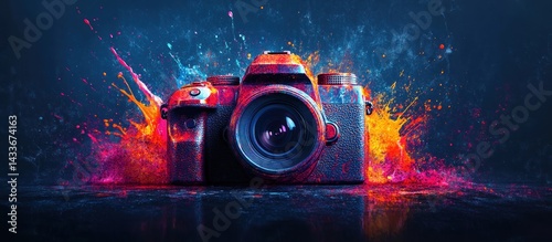 A DSLR camera surrounded by a colorful paint explosion on a black background.