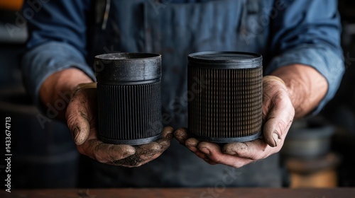 Mechanic holds two car filters, one old, one new, in hands, demonstrating process, knowledge.
