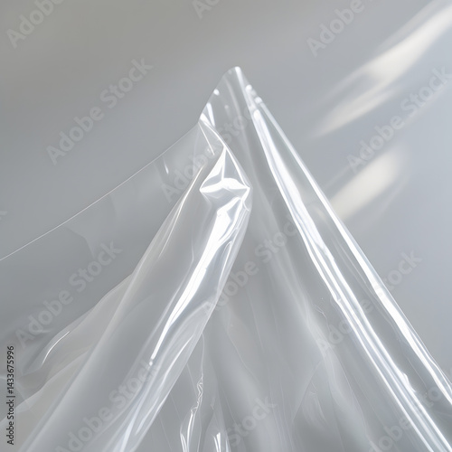 Transparent Plastic Film: Close-up view of a smooth, transparent plastic film, showing its texture and subtle folds.  The image highlights the material's clarity and flexibility.