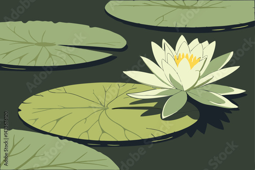 92 Lily pad, bright green leaf, floating on water, white delicate flower, botanical illustration, high detail, soft lighting, nature study, minimalist composition, serene atmosphere, close-up view, re