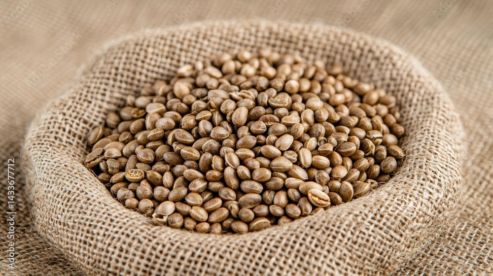 Fototapeta premium Light Brown Hemp Seeds in Burlap Bowl Close Up