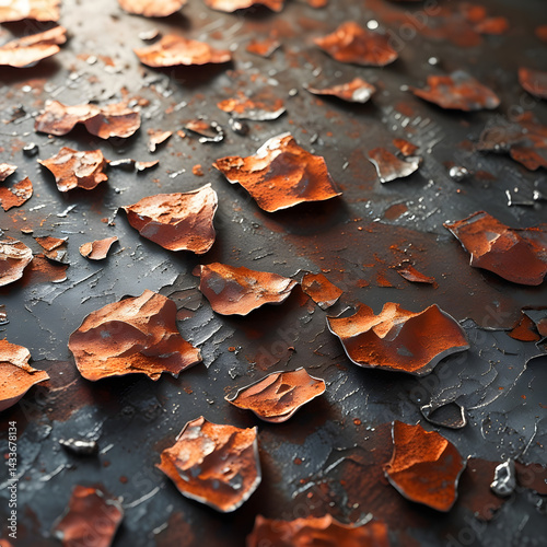 Cracked Surface: A macro view of a textured surface, marked by the dramatic flaking of rusted material, creating a sense of age and decay in a captivating visual display.