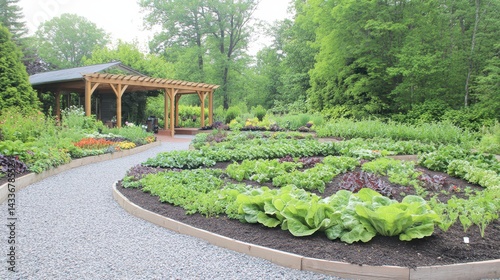 Garden's Path: A tranquil view of a beautifully manicured garden, a gravel path inviting exploration amidst thriving plants and a charming wooden gazebo. It's a scene of beauty and serenity