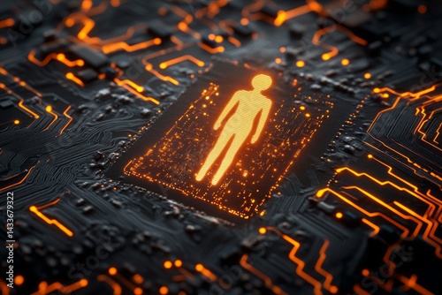Human Silhouette Over Circuit Board with Orange Glow and Texture