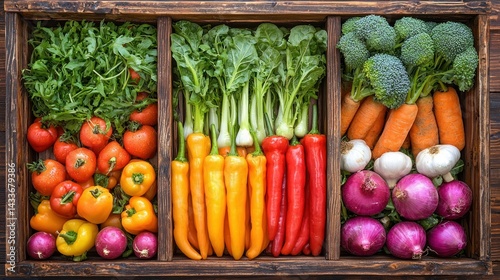 Vibrant Vegetable Harvest: A Colorful Array of Fresh Produce in a Rustic Wooden Crate